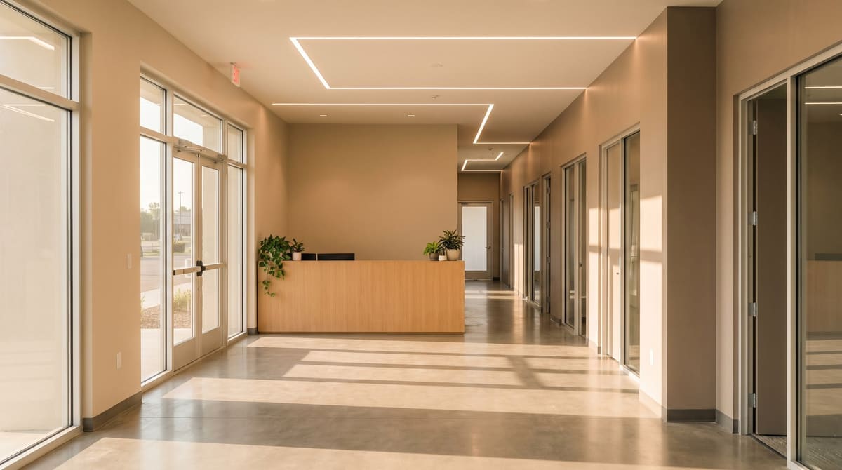 Well-kept modern commercial office corridor and lobby with fresh paint, clean LED lighting, polished concrete floor, early morning light