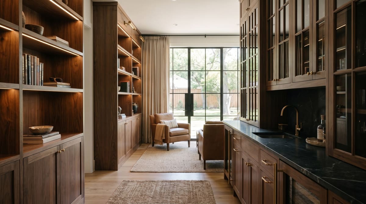 Home office built-ins and a wet bar upgrade in a Dallas home: custom walnut shelving, integrated lighting, stone counter, polished details