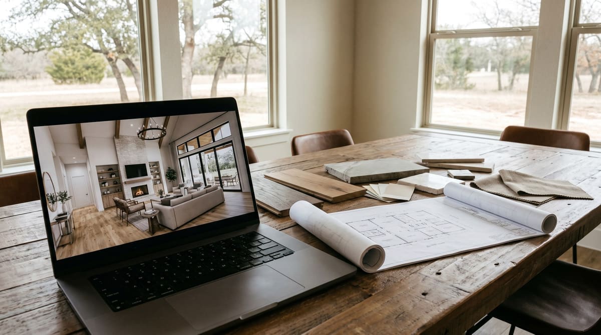 3D design review setting: a laptop showing an interior rendering beside printed floor plans and finish samples on a conference table, no rea