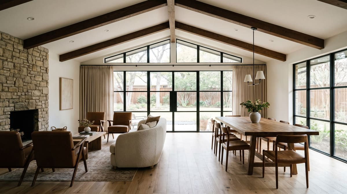Open-plan living and dining room after a whole-home remodel of a 1960s Dallas ranch house: removed walls, vaulted ceiling with beams, white 